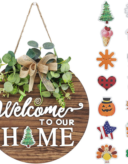 Load image into Gallery viewer, Interchangeable Seasonal Welcome Sign Front Door Decoration, Rustic round Wood Wreaths Wall Hanging Outdoor, Farmhouse, Porch, for Spring Summer Fall All Seasons Holiday Halloween Christmas.
