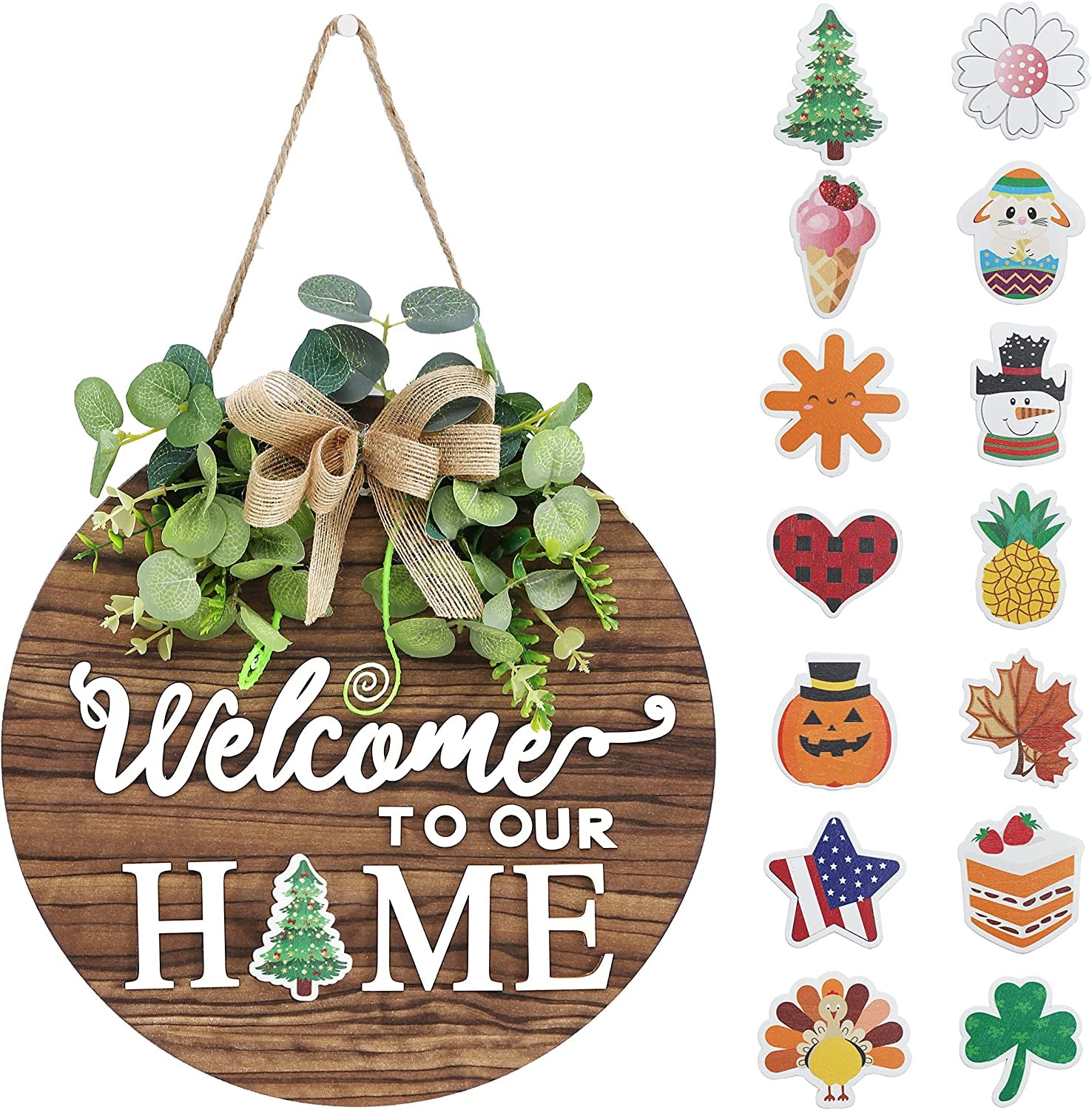 Interchangeable Seasonal Welcome Sign Front Door Decoration, Rustic round Wood Wreaths Wall Hanging Outdoor, Farmhouse, Porch, for Spring Summer Fall All Seasons Holiday Halloween Christmas.