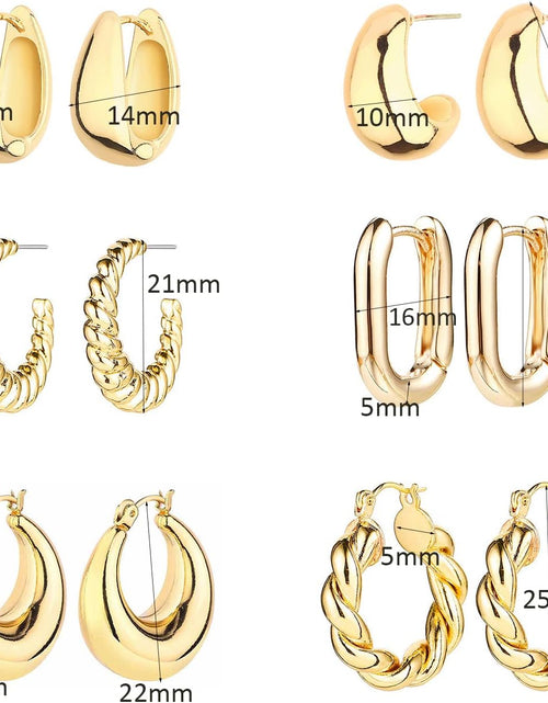 Load image into Gallery viewer, 6 Pairs 14K Gold Hoop Earrings for Women Lightweight Chunky Hoop Earrings Multipack Hypoallergenic, Thick Open Twisted Huggie Hoops Earring Set Jewelry for Gifts.
