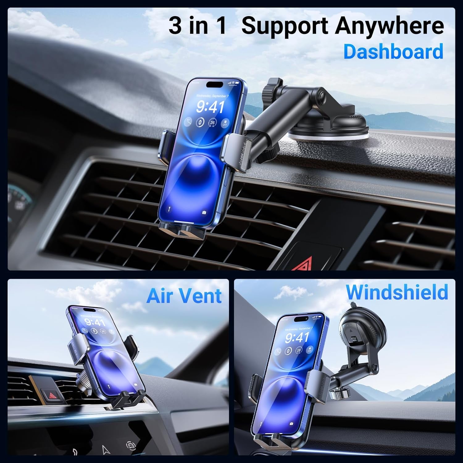 3-In-1 Car Phone Holder [122+LBS Strongest Suction & Stable Clamp Arm] 360° Adjustable Car Phone Mount, Cell Phone Holders for Your Car for Dashboard Vent, All Smartphones & Car Models (Black)