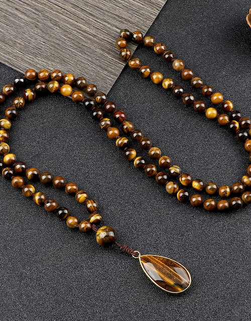 Load image into Gallery viewer, Vintage Design Tiger Eye Stone Necklace Handmade Knotted 6Mm 108 Mala Beads Necklaces Drop Pendant Women Men Yoga Jewelry Gifts
