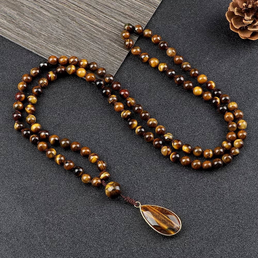 Vintage Design Tiger Eye Stone Necklace Handmade Knotted 6Mm 108 Mala Beads Necklaces Drop Pendant Women Men Yoga Jewelry Gifts