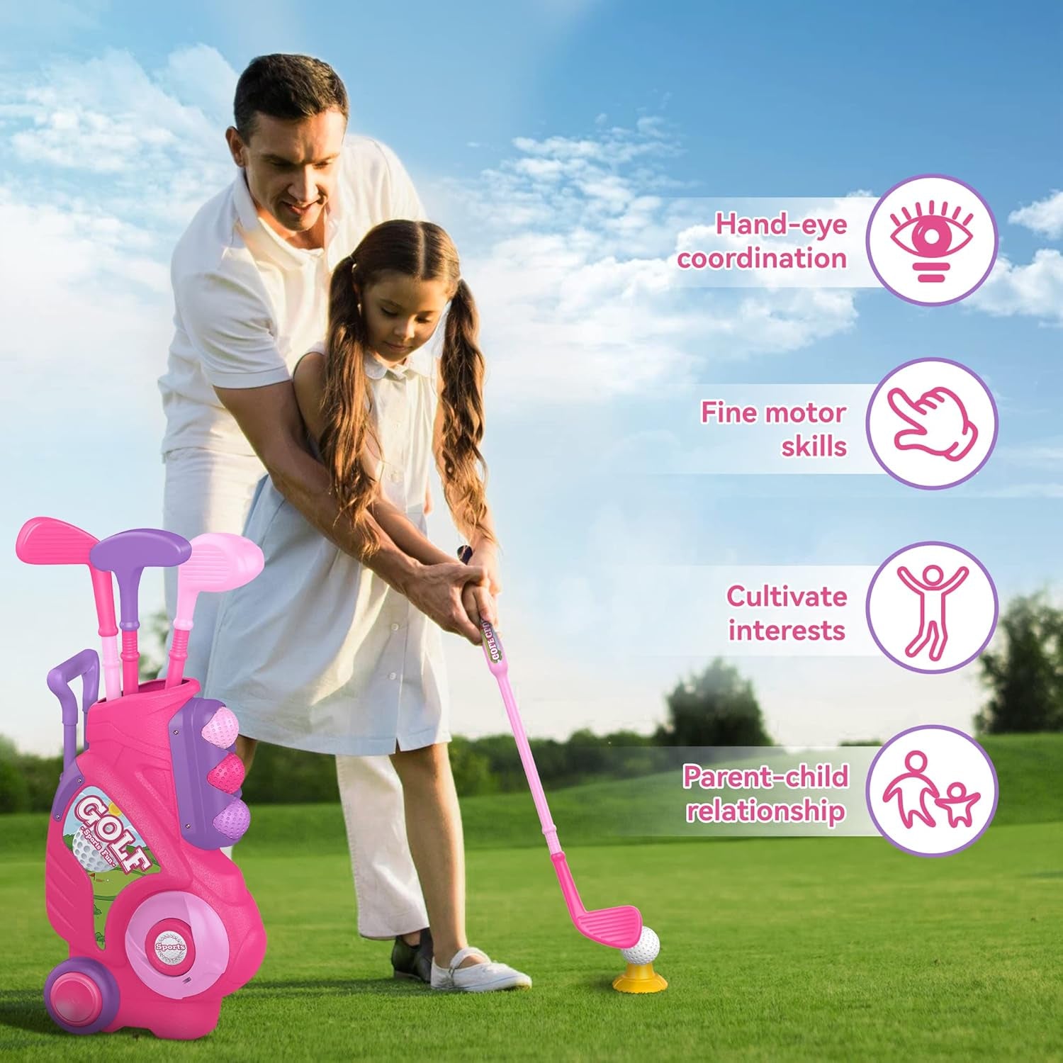 Toddler Golf Set for 1 2 3 4 5 Years Old, Upgraded Kids Golf Cart with Unique Shoulder Strap Design, Indoor and Outdoor Golf Toys for Boys Girls (Pink)