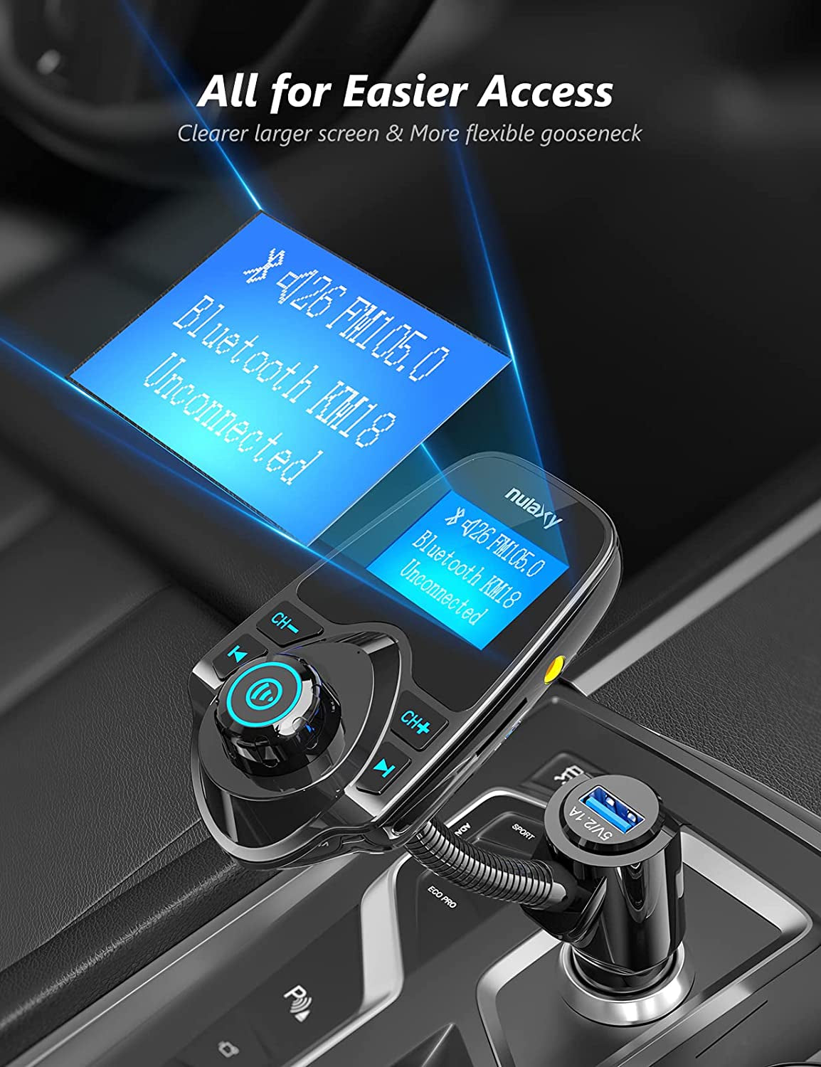 Car Bluetooth FM Transmitter [2024 Upgraded], 1.44" Display Flexible Gooseneck, Handsfree Call Wireless Music Stereo Audio Player Radio Adapter Car Kit USB Phone Charger, TF SD Card AUX-KM18