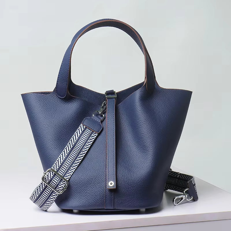 Various Genuine Leather Luxury Bag Fashion  Vegetable Basket Style Portable Women Bucket Bag with Lock