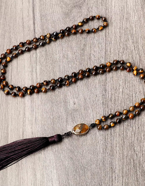 Load image into Gallery viewer, Vintage Design Tiger Eye Stone Necklace Handmade Knotted 6Mm 108 Mala Beads Necklaces Drop Pendant Women Men Yoga Jewelry Gifts
