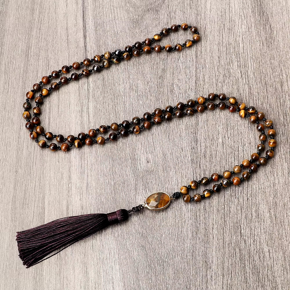 Vintage Design Tiger Eye Stone Necklace Handmade Knotted 6Mm 108 Mala Beads Necklaces Drop Pendant Women Men Yoga Jewelry Gifts