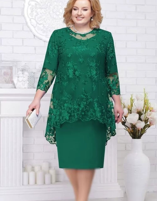 Load image into Gallery viewer, plus Size Women Evening Gown Dress, Fashion Solid Color round Neck High Waist Lace Embroidery Two-Piece Slim Fit Dress Set
