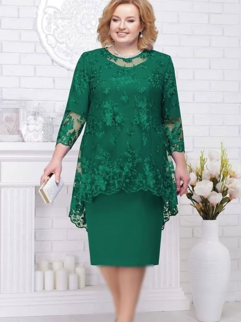 plus Size Women Evening Gown Dress, Fashion Solid Color round Neck High Waist Lace Embroidery Two-Piece Slim Fit Dress Set