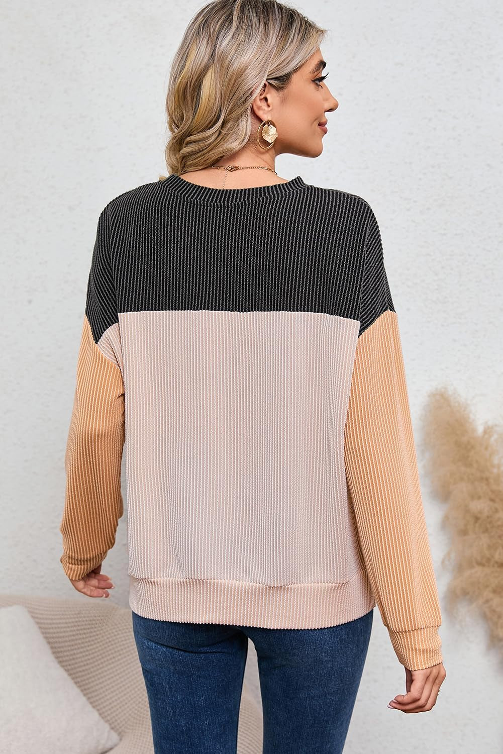 Womens Fashion 2024 Color Block Long Sleeve Crewneck Knitted Casual Loose Pullover Shirts Tops