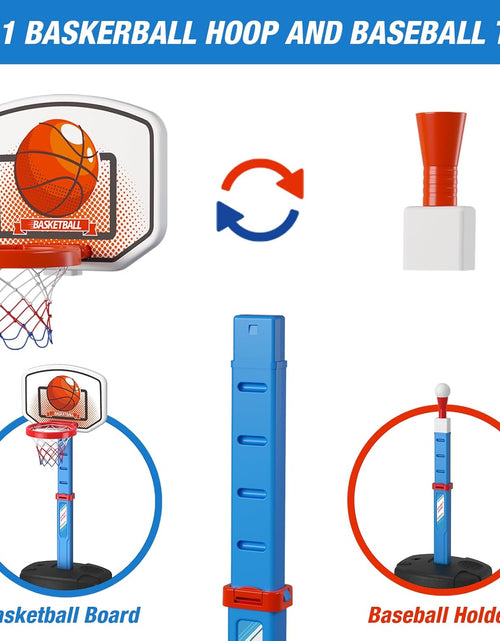 Load image into Gallery viewer, 2 in 1 Kids Basketball Hoop and T Ball Set - Adjustable Height, Kids Baseball Tee with Automatic Pitching Machine, Indoor Outdoor Sport Toys Gifts for Toddler Boys Girls Age 1-5, Blue
