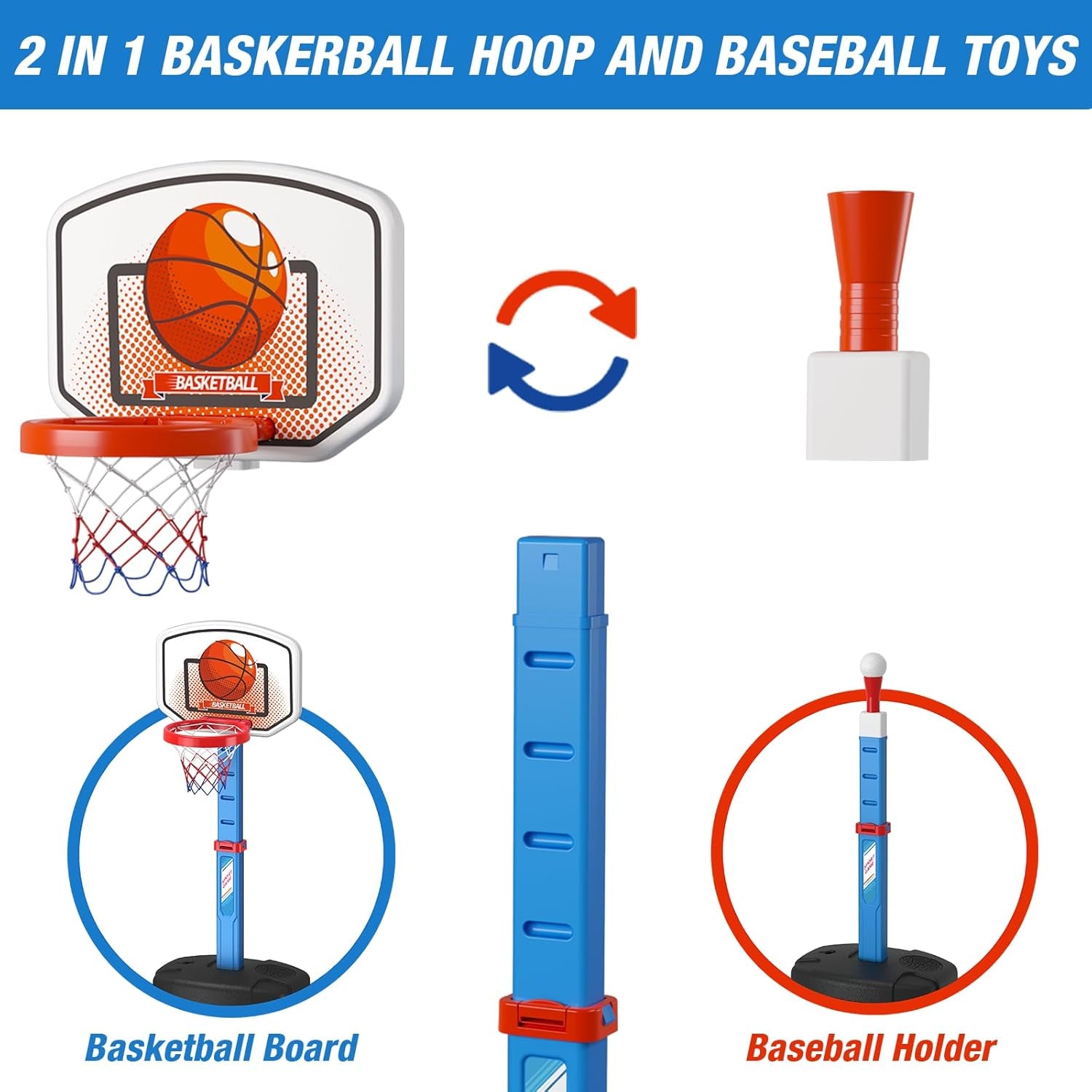 2 in 1 Kids Basketball Hoop and T Ball Set - Adjustable Height, Kids Baseball Tee with Automatic Pitching Machine, Indoor Outdoor Sport Toys Gifts for Toddler Boys Girls Age 1-5, Blue