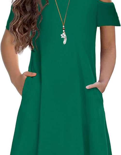 Load image into Gallery viewer, Girls Summer Dress Short Sleeve Cold Shoulder Solid Color Swing Casual Dresses with Pockets
