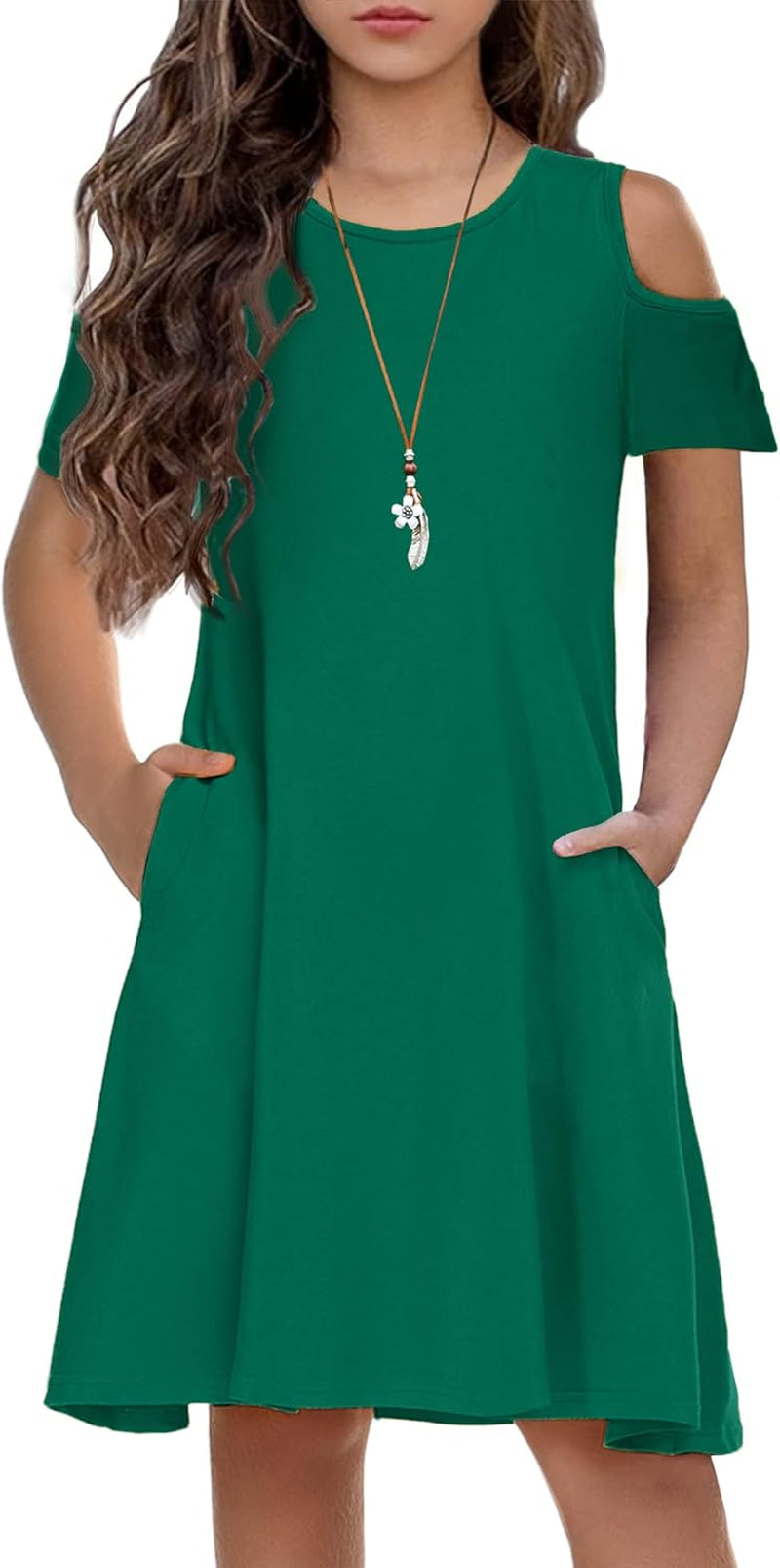 Girls Summer Dress Short Sleeve Cold Shoulder Solid Color Swing Casual Dresses with Pockets