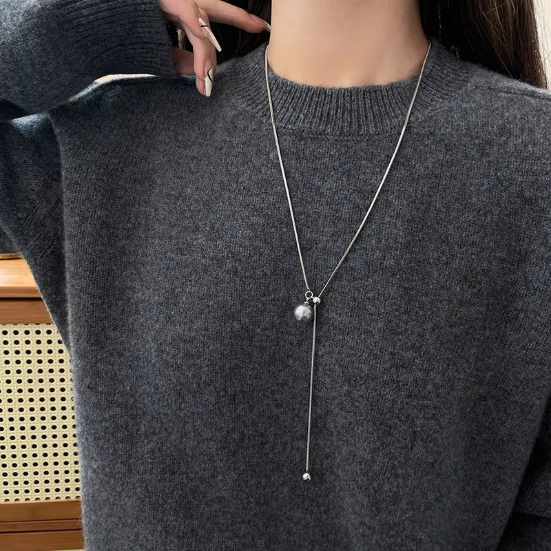 Long Adjustable Gray Pearl Pendant Sweater Chain Necklace for Women'S Fashion Luxury Neckchain Jewelry