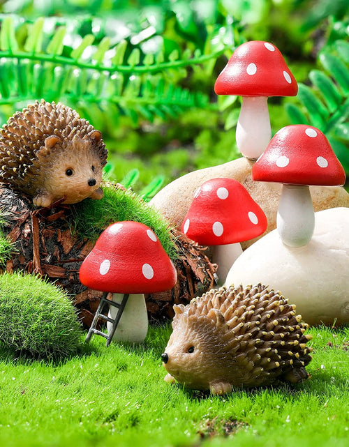 Load image into Gallery viewer, Resin Hedgehogs &amp; Wood Mushroom Sculpture, Fairy Wild Garden Supplies, 6 Pieces, Red, Handmade Decor
