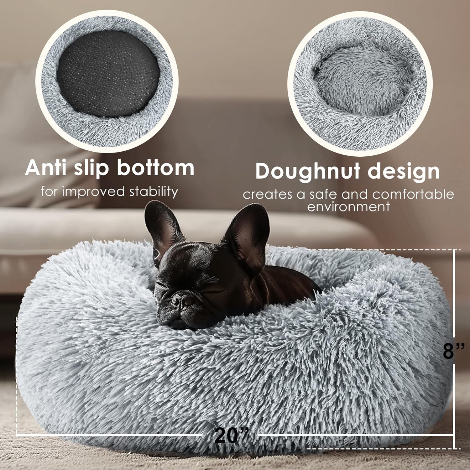 Dog & Cat Bed, 20In Cat Beds for Indoor Cats, Calming Donut Bed for Puppy and Kitten, Washable round Fluffy Pet Bed for Small Medium Dogs and Cats (Light Grey)