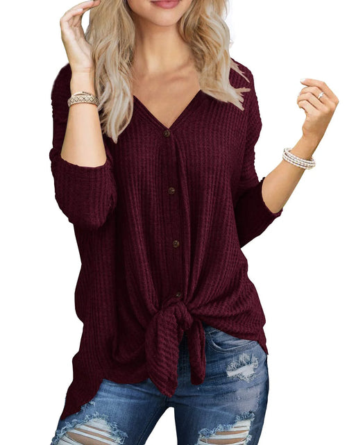 Load image into Gallery viewer, Womens Loose Blouse Long Sleeve V Neck Button down T Shirts Tie Front Knot Casual Tops Wine Red L
