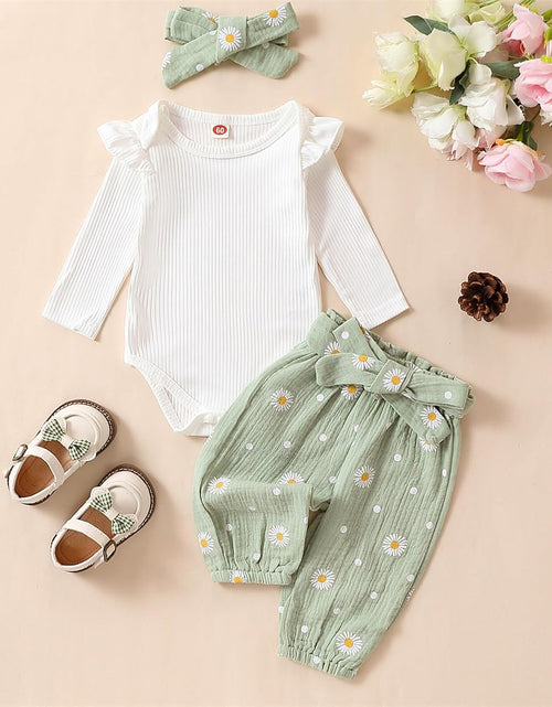 Load image into Gallery viewer, Newborn Infant Girl Clothes Rib Knit Romper Daisy Print Pants Headband Baby Clothes for Girls 0 3 6 12 18 24 Months
