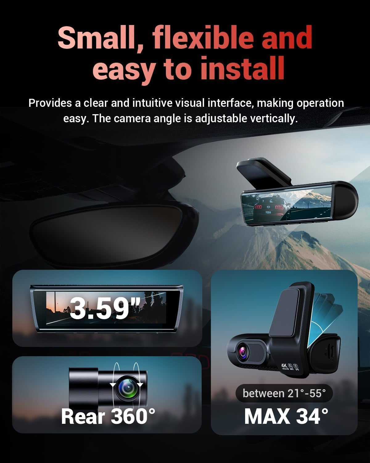 K600 4K Dash Cam Front and Rear, 3.59" IPS Screen, Built-In GPS 5G Wifi Dash Camera for Cars with App, UHD 2160P Night Vision Free 32G SD Card, 170° Wide Angle, HDR, 24H Parking Mode