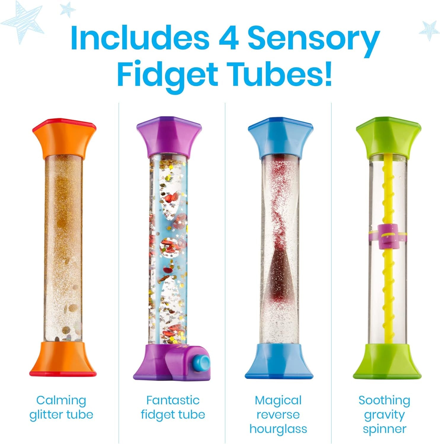 Sensory Fidget Tubes, Calming Toys for Kids, Occupational Therapy Toys, Play Therapy, Stress Relief Toy, Comfort Items for Anxiety, Calm down Corner Supplies (Set of 4)