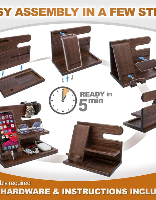 Load image into Gallery viewer, Wood Phone Docking Station - Nightstand Organizer - Desk Organizer for Husband - Birthday Gifts for Men, Dad - Idea for Anniversary from Wife - Key Holder - Stand Wallet &amp; Watch (Deep Brown)
