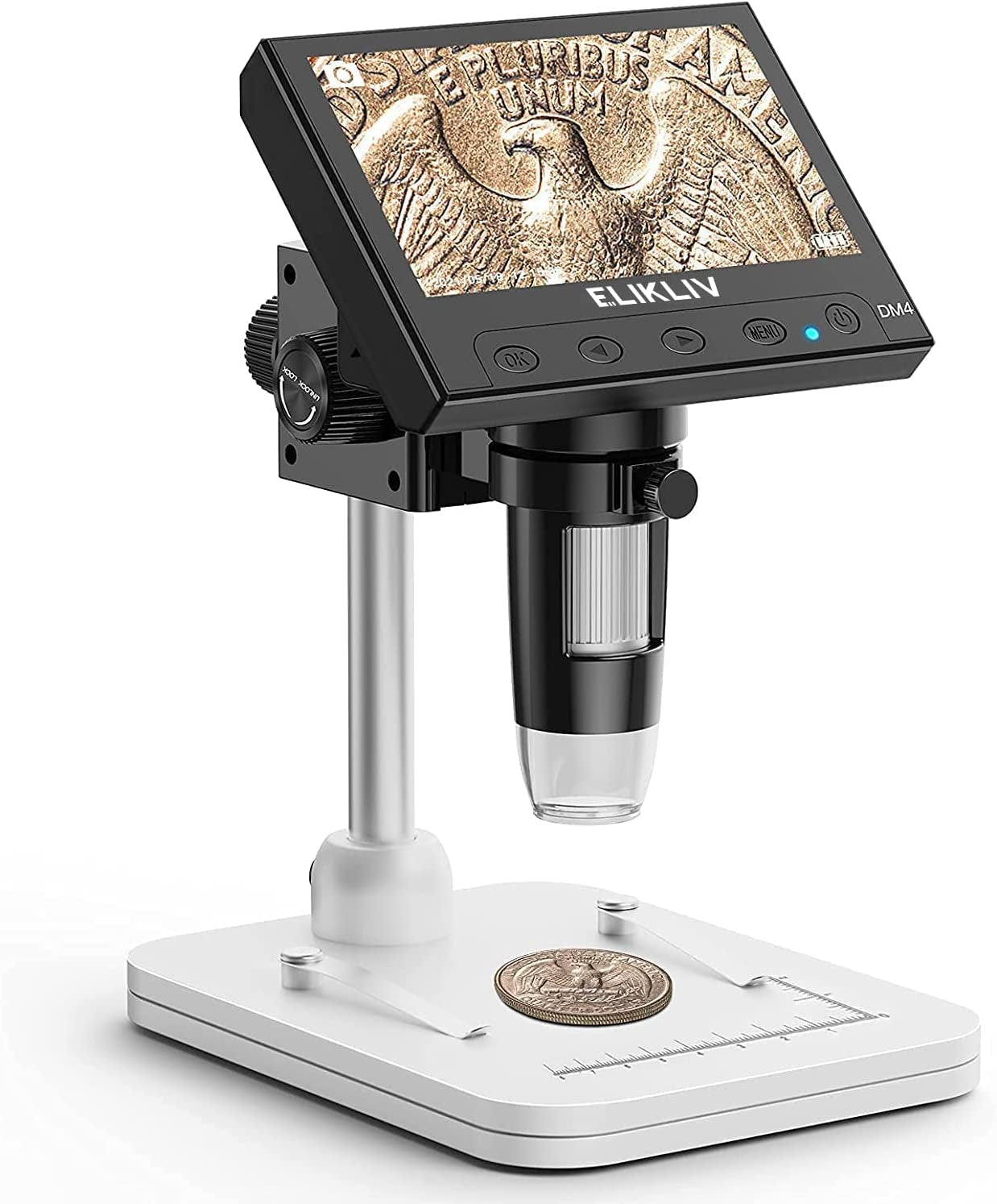 Microscope, LCD Digital Coin Microscope 1000X, Coin Magnifier with 8 Adjustable LED Lights, PC View Compatible with Windows/Macbook, EDM4, 4.3 Inch