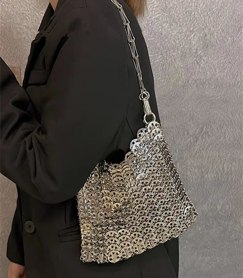 Luxury Designer Women'S Bag Trend Hand Woven Hollow Metal Chain Tote Bag Clutch Female Bag Travel Holiday Shoulder Bag Handbag