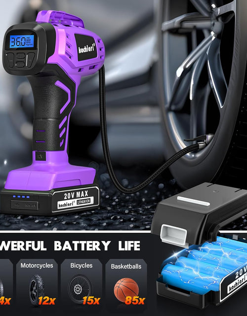 Load image into Gallery viewer, Tire Inflator Portable Air Compressor, 20V Cordless Car Tire Pump, Rechargeable Battery Powered Air Compressor W/12V DC Adapter Purple
