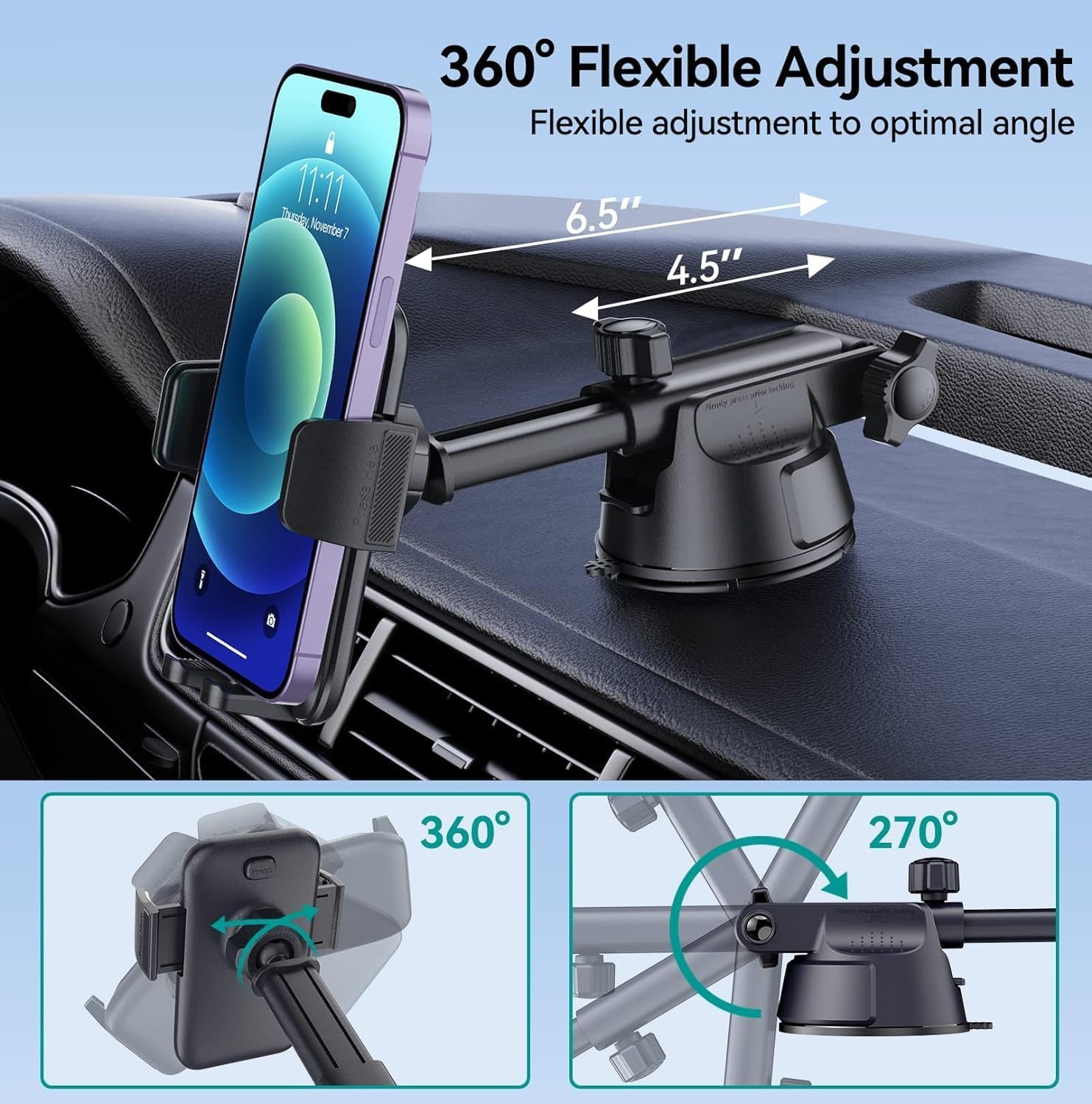 Car Phone Holder Mount, [Military-Grade Suction & Super Sturdy Base] 3 in 1 Universal Phone Mount for Car Dashboard Windshield Air Vent Hands Free Car Mount for Iphone Android Smartphone