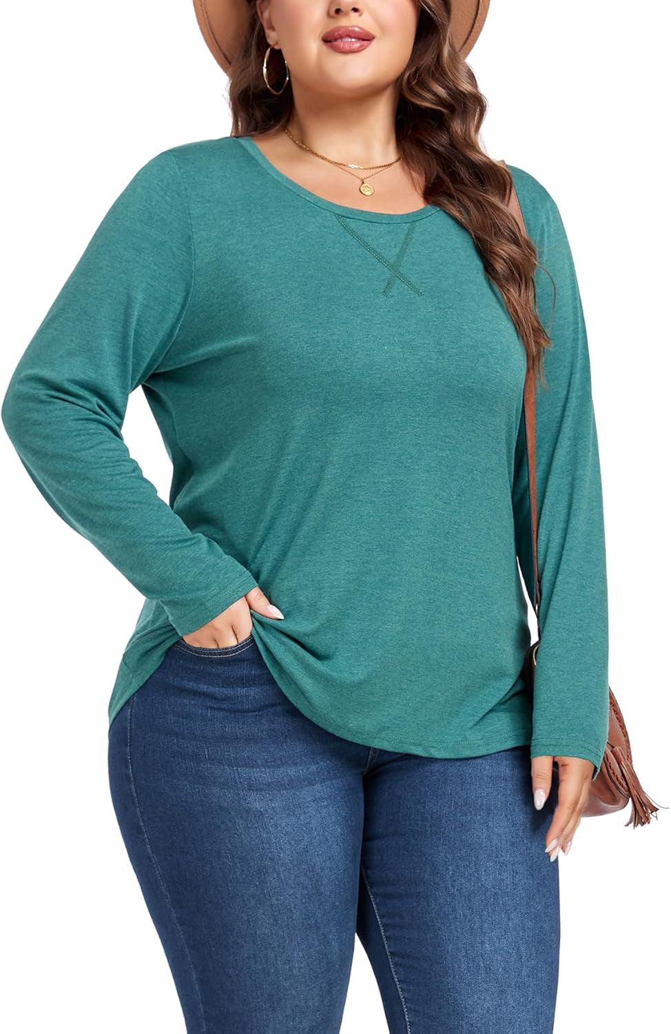 Women'S plus Size Long Sleeve round Neck Tunics Tops Casual Loose Fit T Shirt Blouse