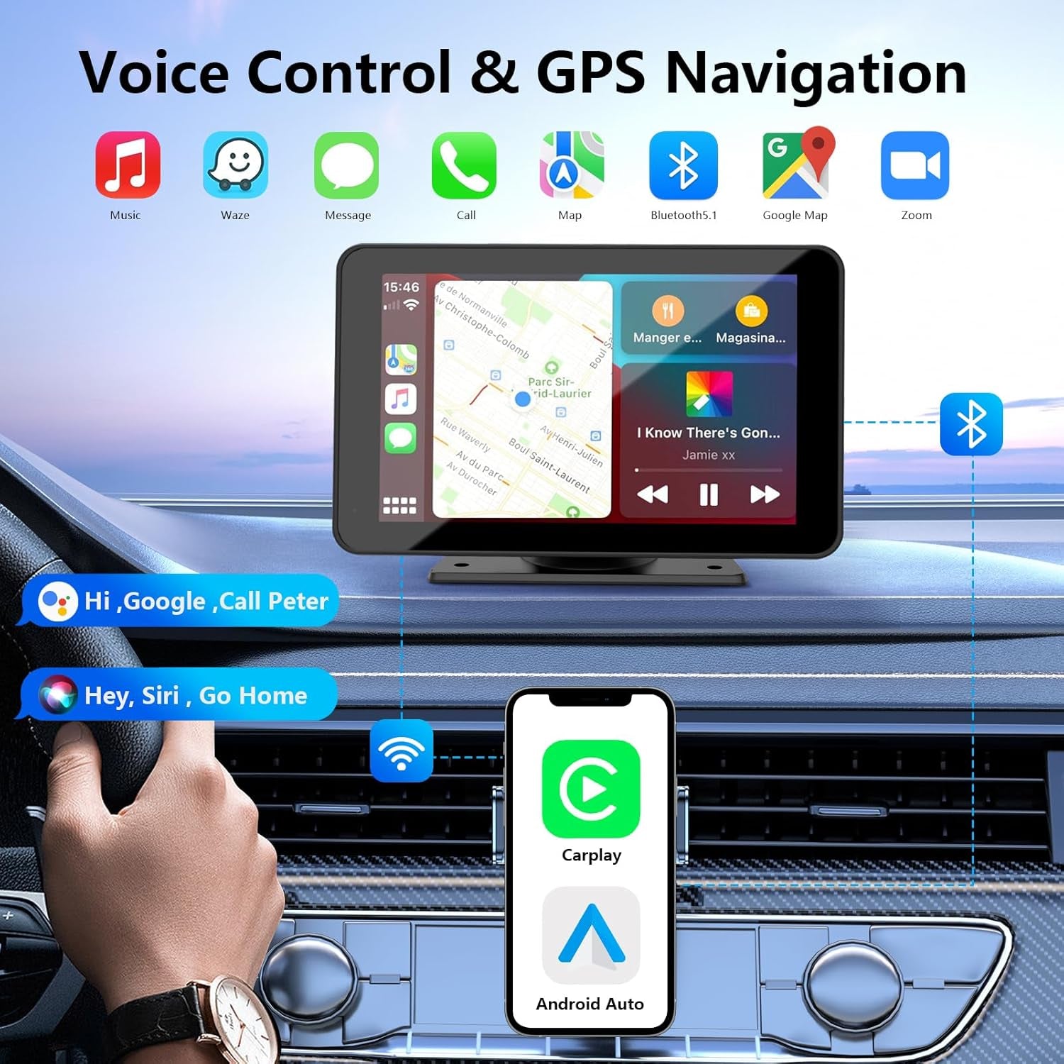 Apple Carplay Screen for Car, 7" HD Portable Car Stereo Touch Screen with Wireless Android Auto, Backup Camera, Car Audio Receivers with Voice Control, Mirror Link, Bluetooth, GPS Navigation