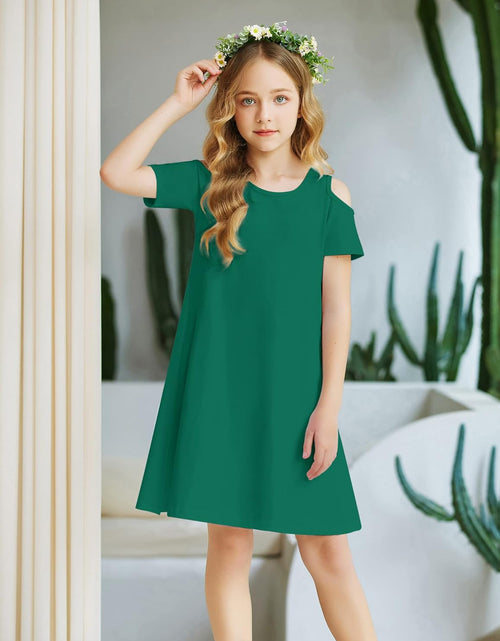 Load image into Gallery viewer, Girls Summer Dress Short Sleeve Cold Shoulder Solid Color Swing Casual Dresses with Pockets
