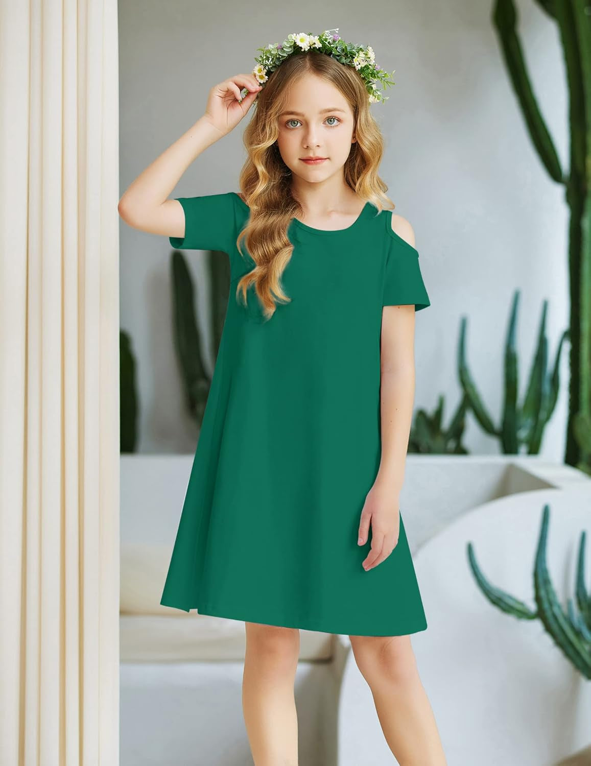 Girls Summer Dress Short Sleeve Cold Shoulder Solid Color Swing Casual Dresses with Pockets