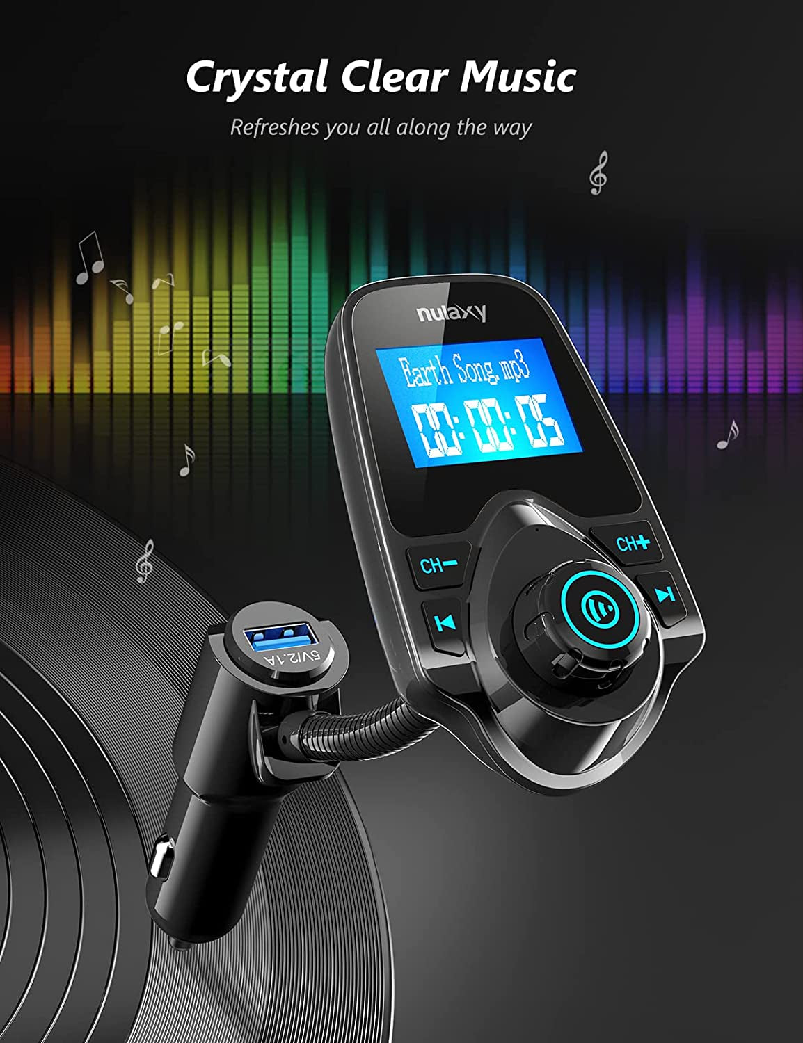 Car Bluetooth FM Transmitter [2024 Upgraded], 1.44" Display Flexible Gooseneck, Handsfree Call Wireless Music Stereo Audio Player Radio Adapter Car Kit USB Phone Charger, TF SD Card AUX-KM18