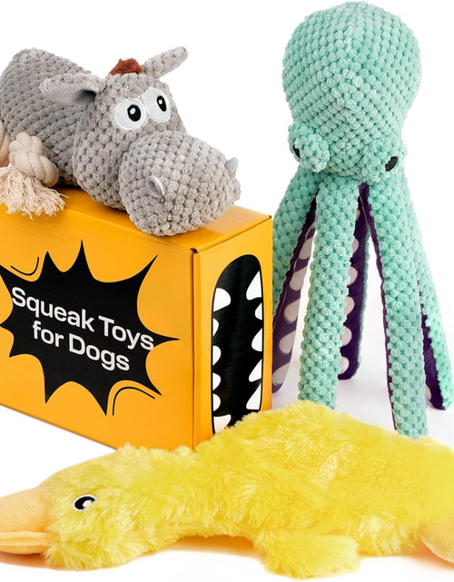 Load image into Gallery viewer, Dog Gifts Squeaky Stuffed Dog Toy Pack - 3 Dog Chew Toys for Large, Medium, Small Dogs and Puppies- Rope Donkey, Plush Octopus, Crinkle Duck Toy - Pet Supplies Toys for Dogs to Keep Them Busy
