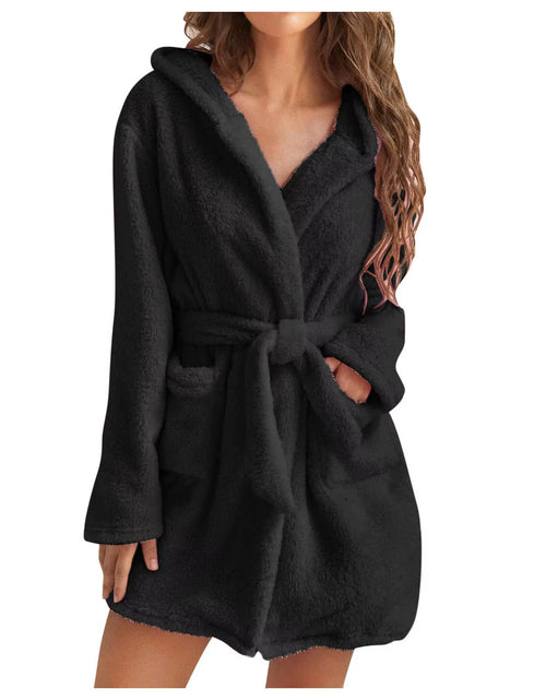 Load image into Gallery viewer, Women Bath Robe Winter Fluffy Plush Pyjamas Ladies Sexy Hooded Dressing Solid Color Gown Warm Bathrobe Female Home Clothing
