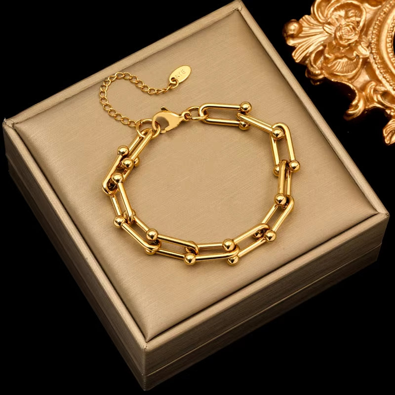 316L Stainless Steel Gold Color Thick Chain Necklace Bracelet for Women Girl New Fashion Waterproof Jewelry Set Gift