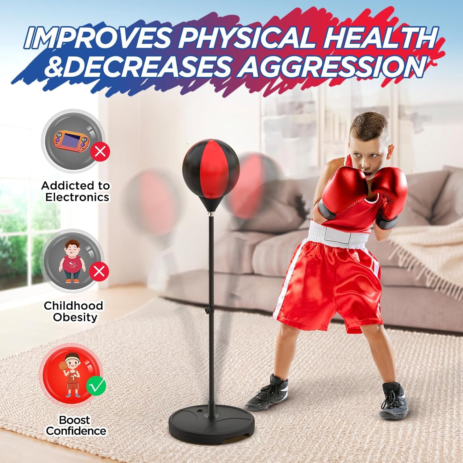 2 in 1 Kids Basketball Hoop and Punching Bag,Adjustable Stand with Boxing Gloves, Christmas Birthday Gifts for 2 3 4 5 6 7 8 Years Old Boys Girls,Indoor and Outdoor Toys