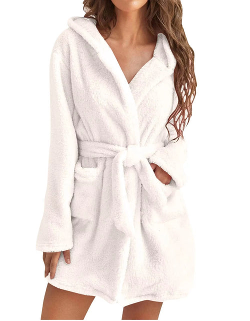 Load image into Gallery viewer, Women Bath Robe Winter Fluffy Plush Pyjamas Ladies Sexy Hooded Dressing Solid Color Gown Warm Bathrobe Female Home Clothing
