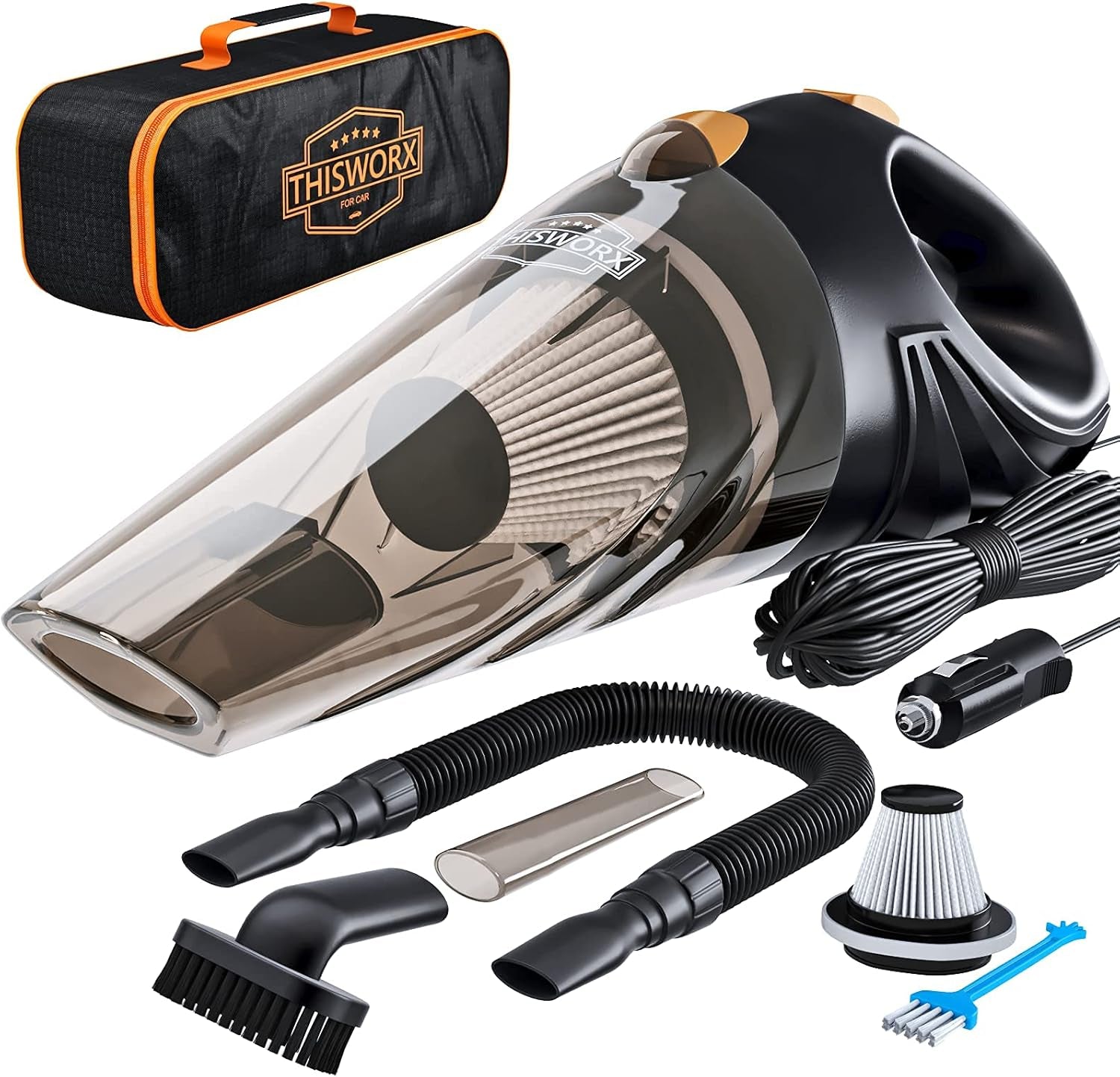 Thisworx Car Vacuum Cleaner - Portable Handheld Mini Vacuum Cleaner W/ 16Ft Cord, Bag, & Attachments - Small Vacuum for Car, RV, Boats, Travel - Car Accessories