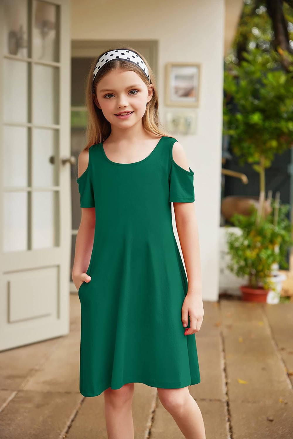 Girls Summer Dress Short Sleeve Cold Shoulder Solid Color Swing Casual Dresses with Pockets