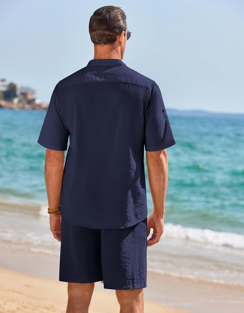 Load image into Gallery viewer, Men&#39;S 2 Pieces Linen Set Henley Shirt Short Sleeve and Shorts Summer Beach Yoga Matching Outfits
