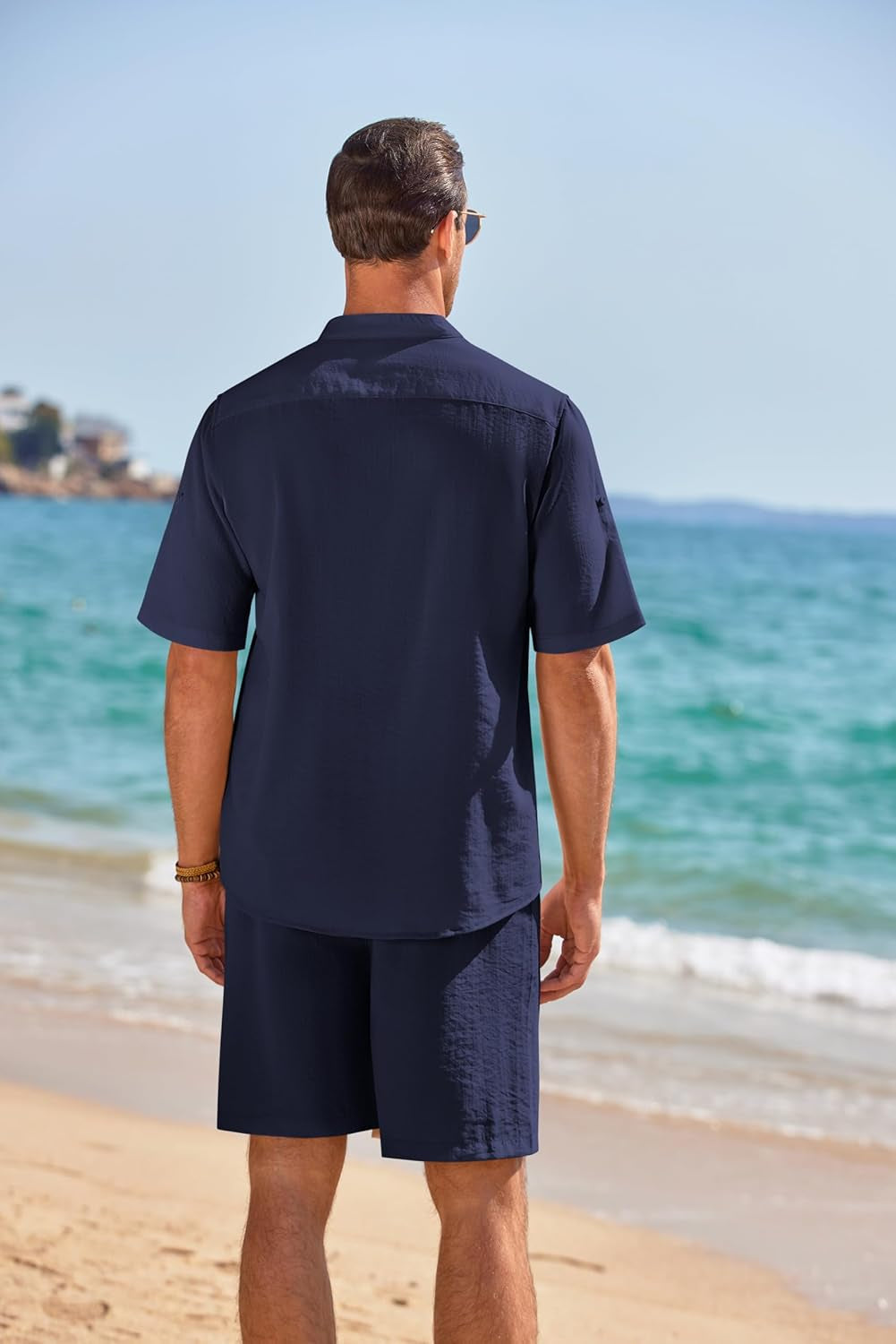 Men'S 2 Pieces Linen Set Henley Shirt Short Sleeve and Shorts Summer Beach Yoga Matching Outfits