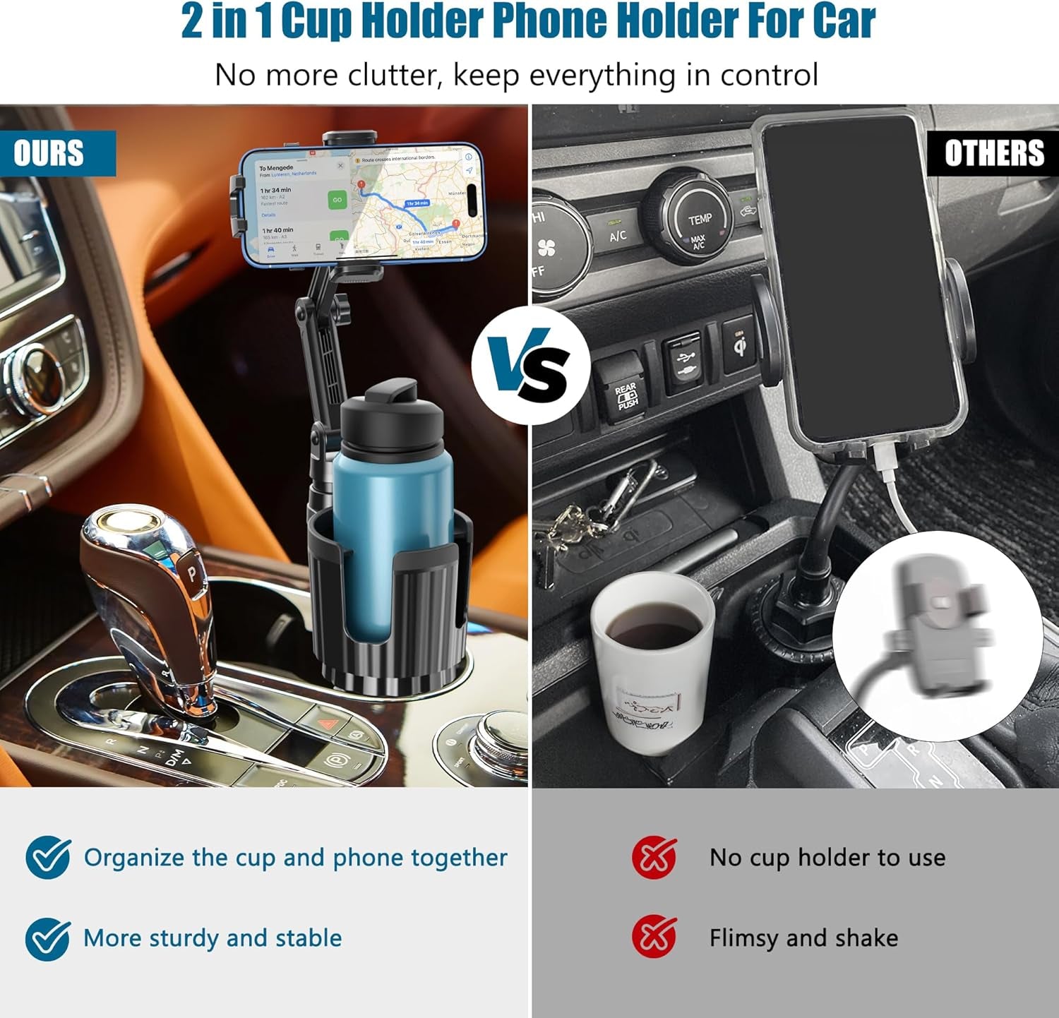 Cup Holder Phone Mount for Car, Car Cup Holder Phone Holder with Expandable Base, 2 in 1 Cup Phone Holder Adapter for Car, 360 Degree Rotating Neck, Fits All 4-7” Smartphones and Most Bottles