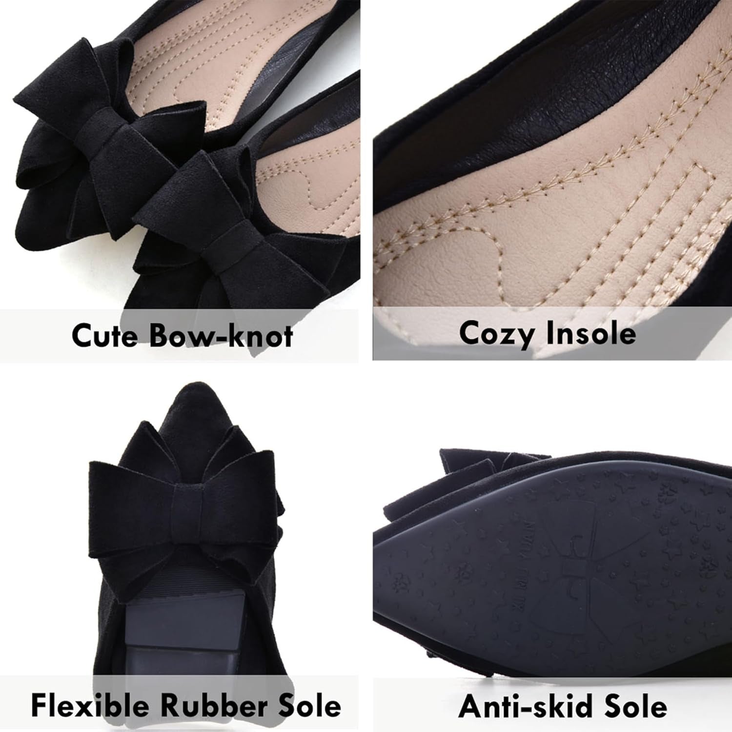 Bowknot Ballet Flats Womens Pointy Toe Flat Shoes Suede Dress Shoes Wear to Work Slip on Moccasins