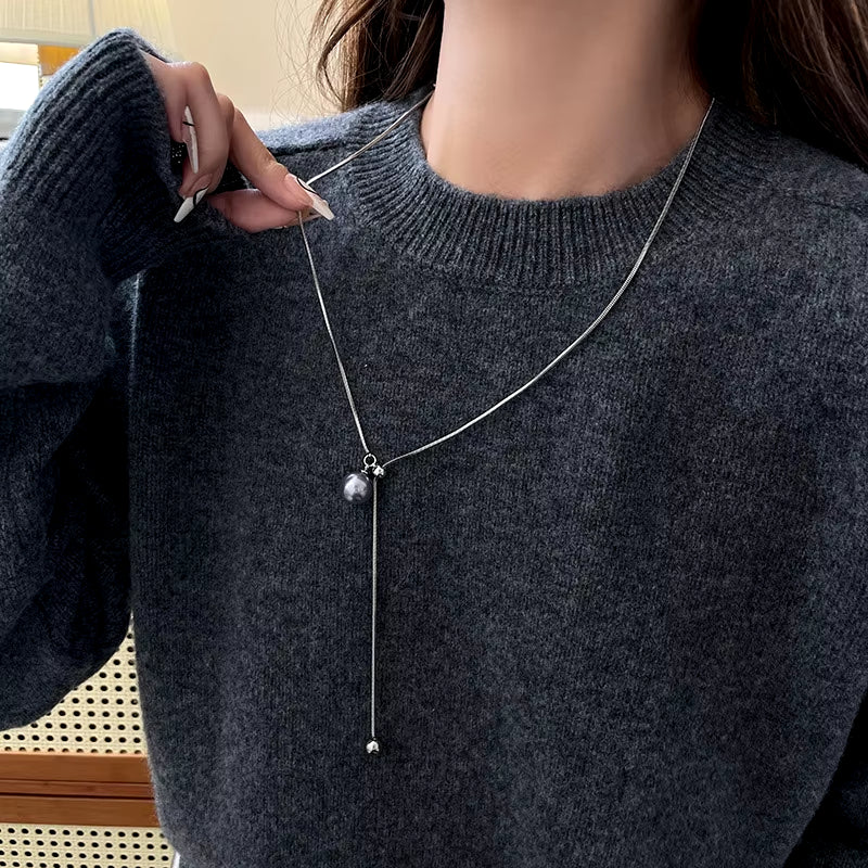 Long Adjustable Gray Pearl Pendant Sweater Chain Necklace for Women'S Fashion Luxury Neckchain Jewelry