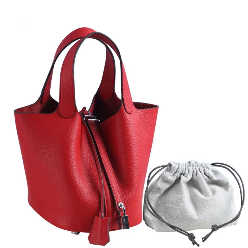 Various Genuine Leather Luxury Bag Fashion  Vegetable Basket Style Portable Women Bucket Bag with Lock