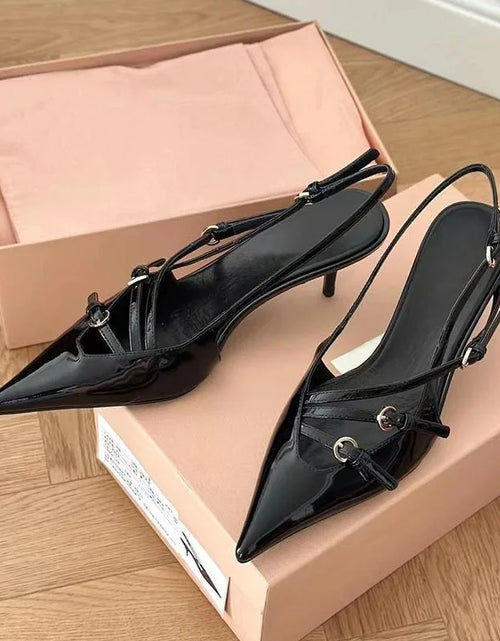 Load image into Gallery viewer, 2024 Summer New High Heels, Women&#39;S Sexy Hollow Black Silk Pointed One-Line Buckle Skinny Heel Sandals, Women&#39;S Shoes
