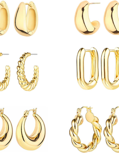 Load image into Gallery viewer, 6 Pairs 14K Gold Hoop Earrings for Women Lightweight Chunky Hoop Earrings Multipack Hypoallergenic, Thick Open Twisted Huggie Hoops Earring Set Jewelry for Gifts.
